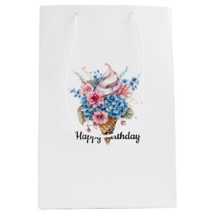 Pink Blue Floral Ice Cream Cone Birthday Medium Gift Bag