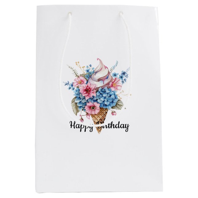 Pink Blue Floral Ice Cream Cone Birthday Medium Gift Bag (Front)