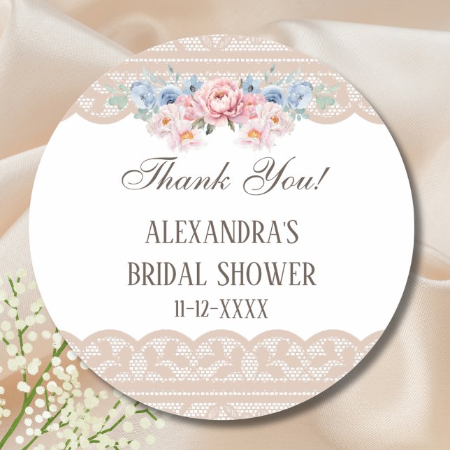 Pink Blue Floral Lace Bridal Shower Thank You Classic Round Sticker (Creator Uploaded)