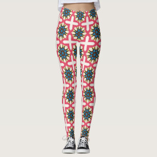 Pink Blue Floral Lattice Geometric Pattern Leggings