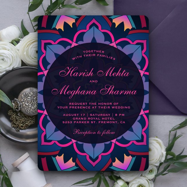 Pink Blue Floral Mandala Indian Wedding Invitation (Creator Uploaded)