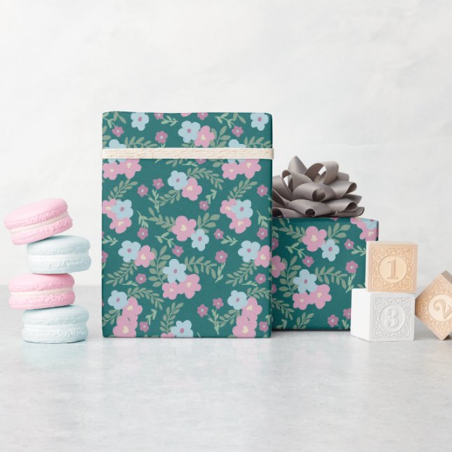 Pink & Blue Floral Pattern on Teal – Modern Wrapping Paper (Baby Shower)