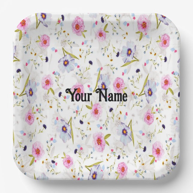 Pink, Blue Floral Pattern     Paper Plate (Front)