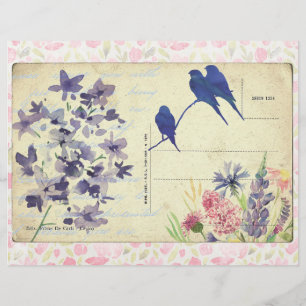 Pink & Blue Floral Postcard Scrapbook Paper