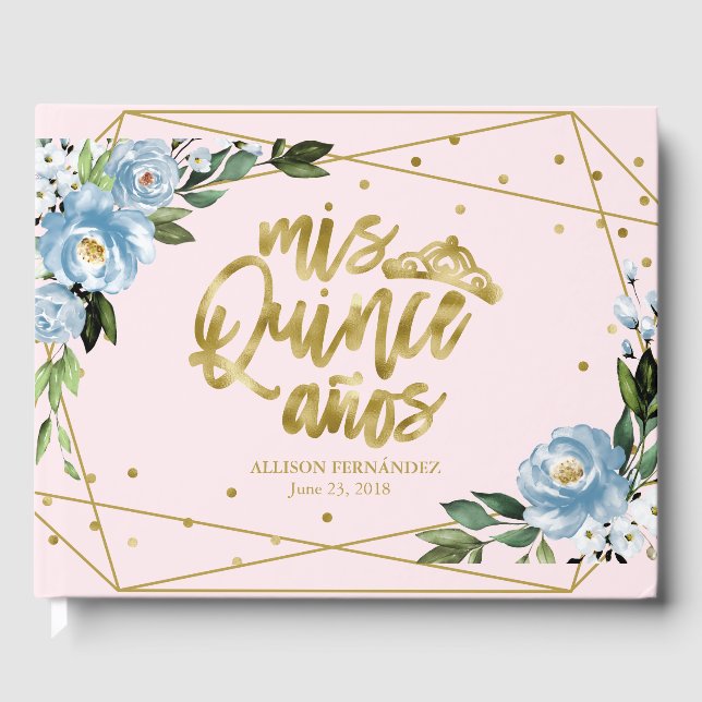Pink Blue Floral Quinceanera Guest Book (Front)