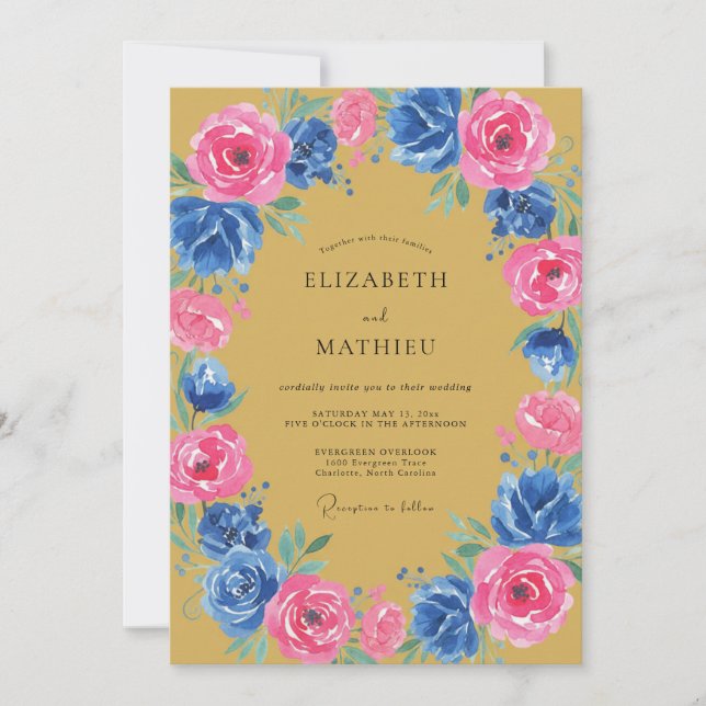 Pink Blue Floral Romance Wedding Invitation (Front)