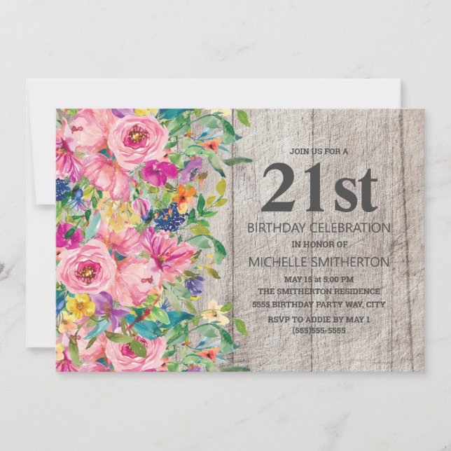 Pink Blue Floral Rustic Wood 21st Birthday Party Invitation (Front)