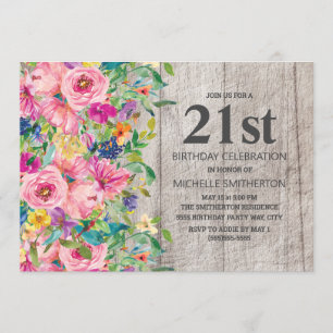 Pink Blue Floral Rustic Wood 21st Birthday Party Invitation