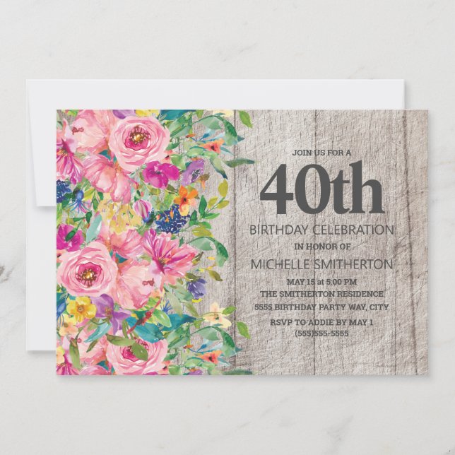 Pink Blue Floral Rustic Wood 40th Birthday Party Invitation (Front)