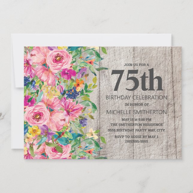Pink Blue Floral Rustic Wood 75th Birthday Party Invitation (Front)