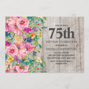 Pink Blue Floral Rustic Wood 75th Birthday Party Invitation