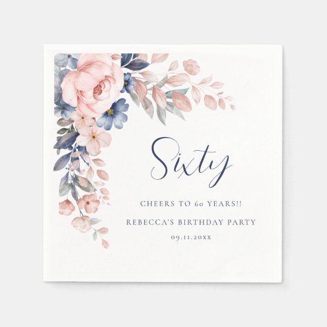 Pink Blue Floral Script 60th Birthday Party Paper Napkin (Front)