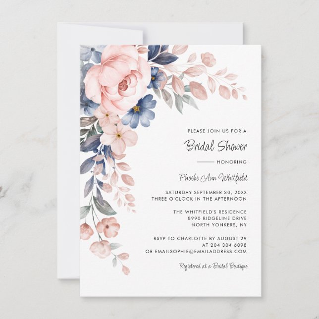 Pink Blue Floral Script Bridal Shower Invitation (Front)