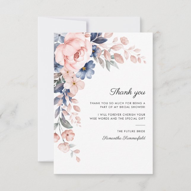 Pink Blue Floral Script Bridal Shower Thank You Card (Front)