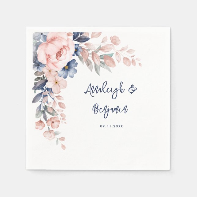 Pink Blue Floral Script Wedding Botanical Paper Napkin (Front)