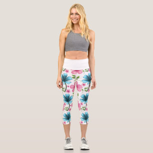 Pink & Blue Floral Seamless Pattern Capri Leggings