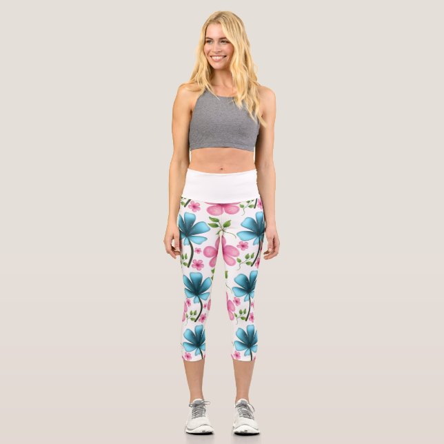 Pink & Blue Floral Seamless Pattern Capri Leggings (Front)