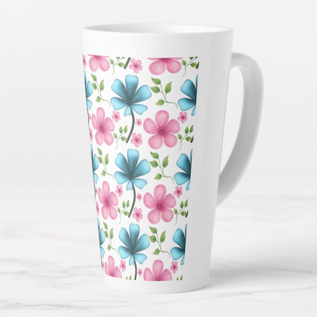 Pink & Blue Floral Seamless Pattern Latte Mug (Right Angle)