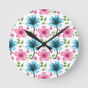 Pink & Blue Floral Seamless Pattern Round Clock