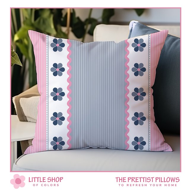 Pink Blue Floral Stripe Cushion (Creator Uploaded)