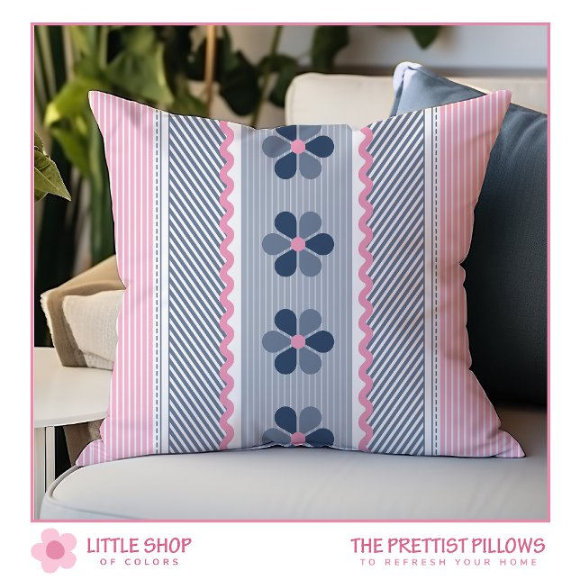 Pink Blue Floral Stripes Cushion (Creator Uploaded)
