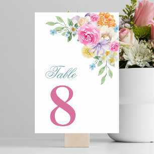 Pink & Blue Floral Summer Bloom Table 8 Wedding Table Number