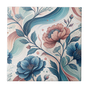 Pink & Blue Floral Swirls Botanical Pattern Art Tile