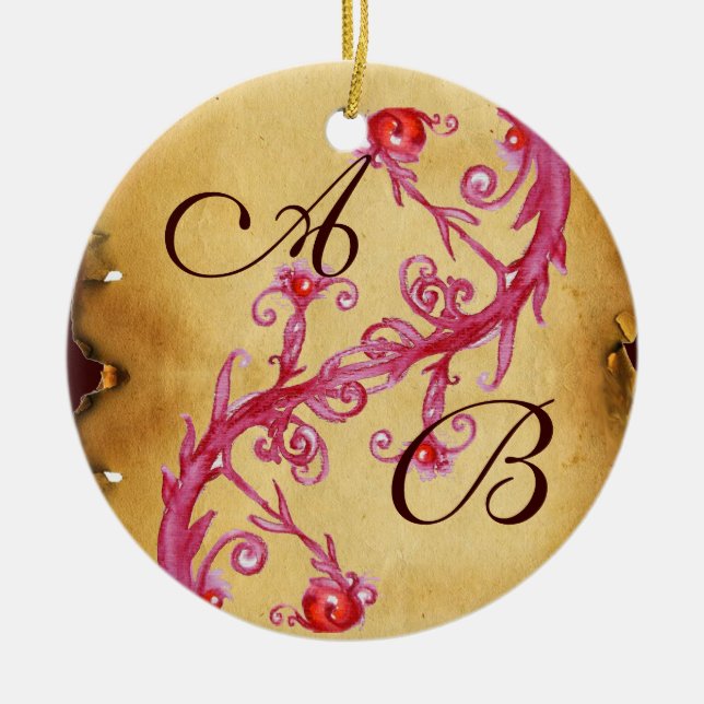 PINK BLUE FLORAL SWIRLS WEDDING SOUVENIR MONOGRAM CERAMIC TREE DECORATION (Front)