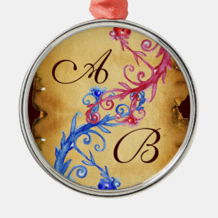PINK BLUE FLORAL SWIRLS WEDDING SOUVENIR MONOGRAM METAL TREE DECORATION