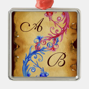PINK BLUE FLORAL SWIRLS WEDDING SOUVENIR MONOGRAM METAL TREE DECORATION