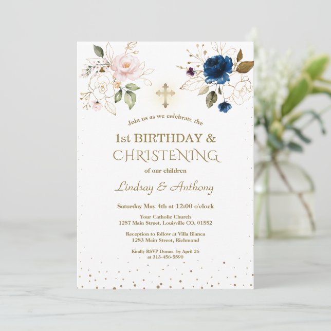 Pink Blue Floral Twins 1st Birthday & Christening Invitation (Standing Front)