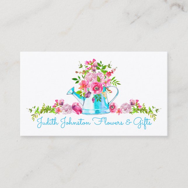Pink Blue Floral Watercolor Custom Business Card (Front)