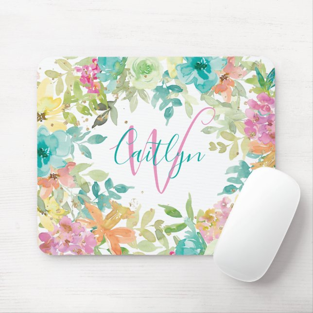 Pink Blue Floral Watercolor Glitter Monogram Mouse Mat (With Mouse)