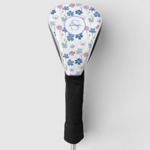 Pink Blue Floral Watercolor Monogram Name Golf Head Cover