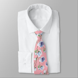 Pink Blue Floral wedding Neck Tie