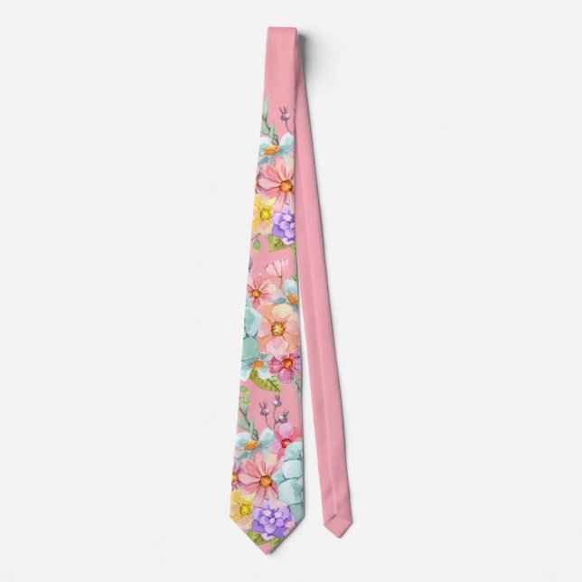Pink Blue floral wedding Neck Tie (Front)