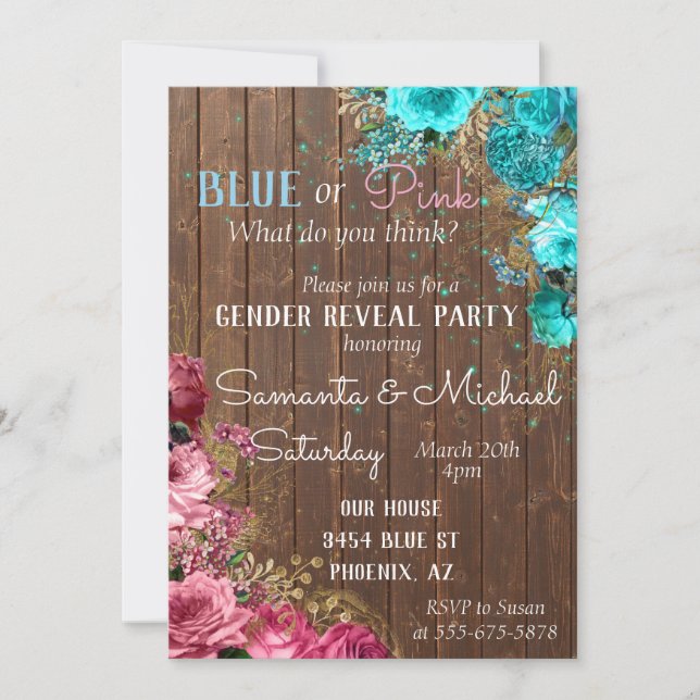 Pink Blue Floral Wood Shabby Chic Gender Reveal Invitation (Front)