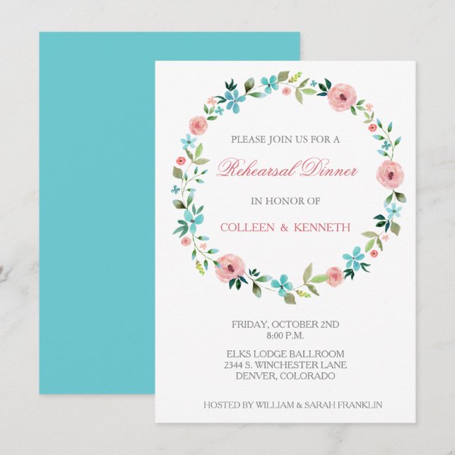 Pink Blue Floral Wreath Wedding Rehearsal Dinner Invitation (Front/Back)