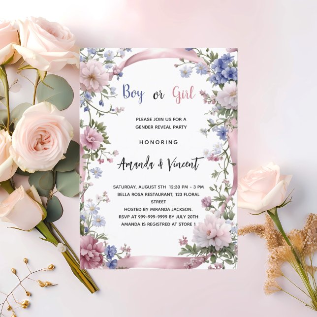 Pink blue florals boy or girl gender reveal invitation (Creator Uploaded)