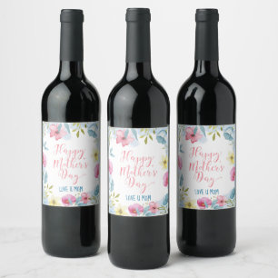 Pink Blue Florals Happy Mother's Day Wine Label