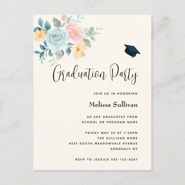 Pink & Blue Flower Bouquet Graduation Invitation Postcard (Front)