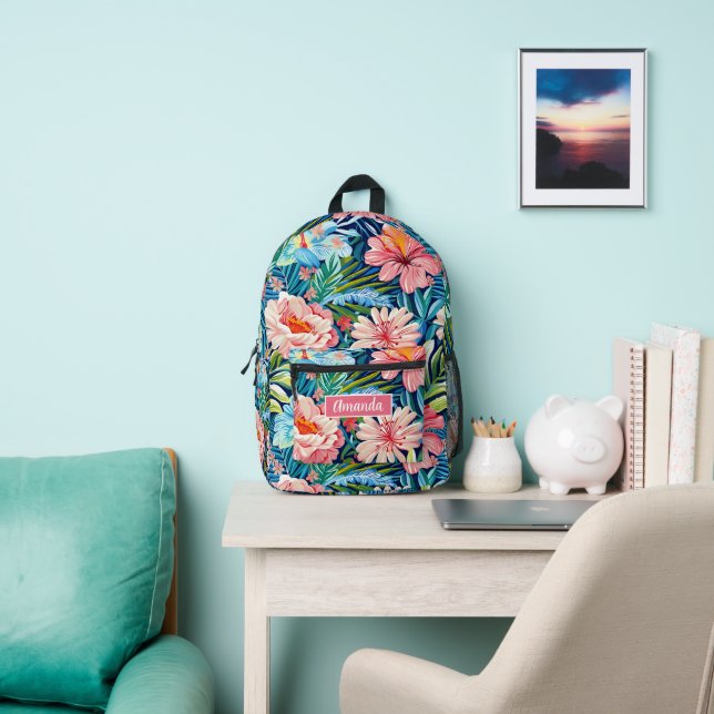 Pink Blue Flowers Back to School Botanical Pattern Printed Backpack (Insitu)