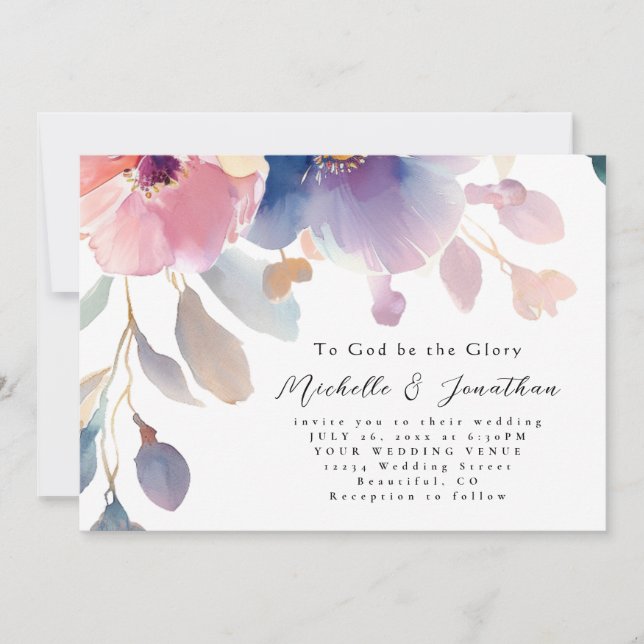 Pink Blue Flowers Christian Bible Verse Wedding Invitation (Front)