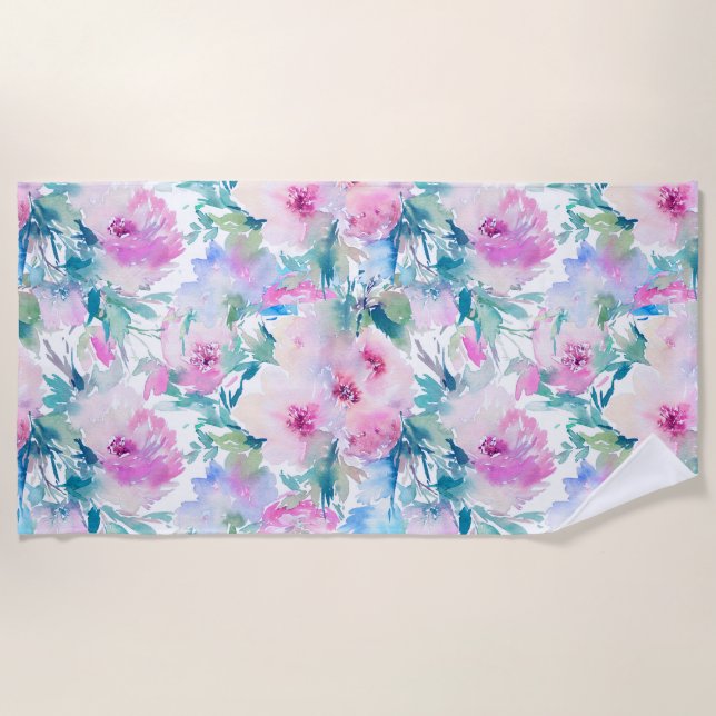 Pink & blue flowers collage pattern beach towel (Front)