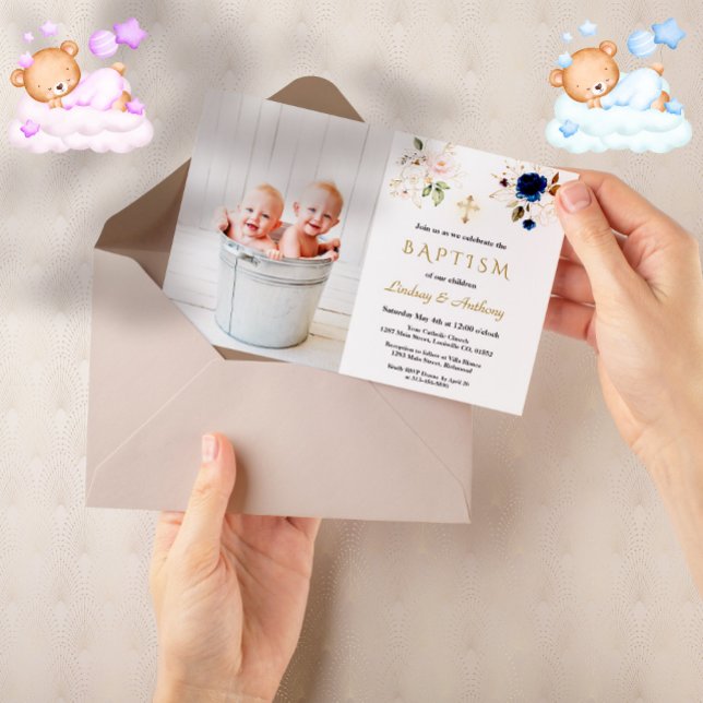 Pink Blue Flowers Cross Twins Photo Baptism  Invitation (cute trendy floral baby twins baby shower invitation)