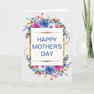 Pink Blue Flowers & Gold Glitter Mother's Day Card