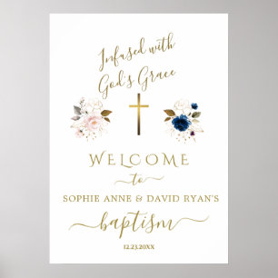 Pink Blue Flowers Gold Twins Baptism Welcome Sign