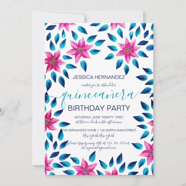 Pink Blue Flowers Leaves Acrylic Paint Quinceañera Invitation (Front)