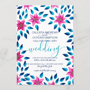 Pink Blue Flowers Leaves Acrylic Paint Wedding Invitation