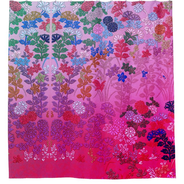 PINK BLUE FLOWERS,LEAVES ANTIQUE JAPANESE FLORAL SHOWER CURTAIN (Front)